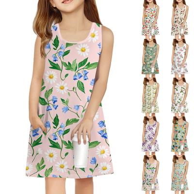 Girl Summer Dress Sleeveless Printed Color Casual Dress With Pocket
