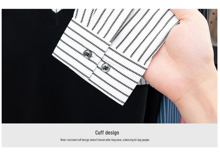 Men's Two-Piece Look Sweater with Striped Shirt Collar – Spring/Autumn Knit Wool Top & Vest