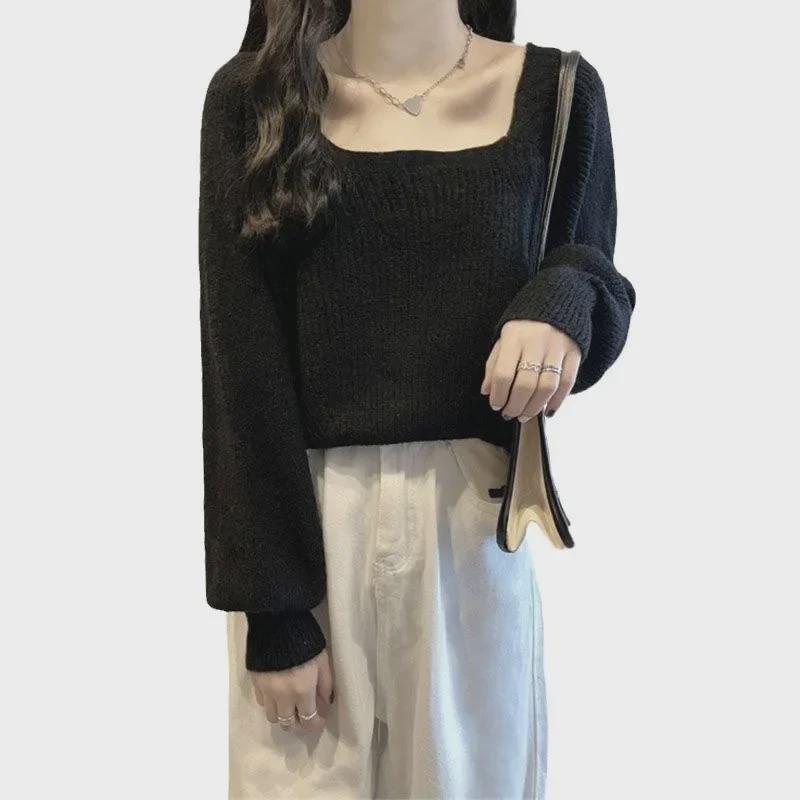 European Style Women's Lantern Sleeve Knitted Sweater Top