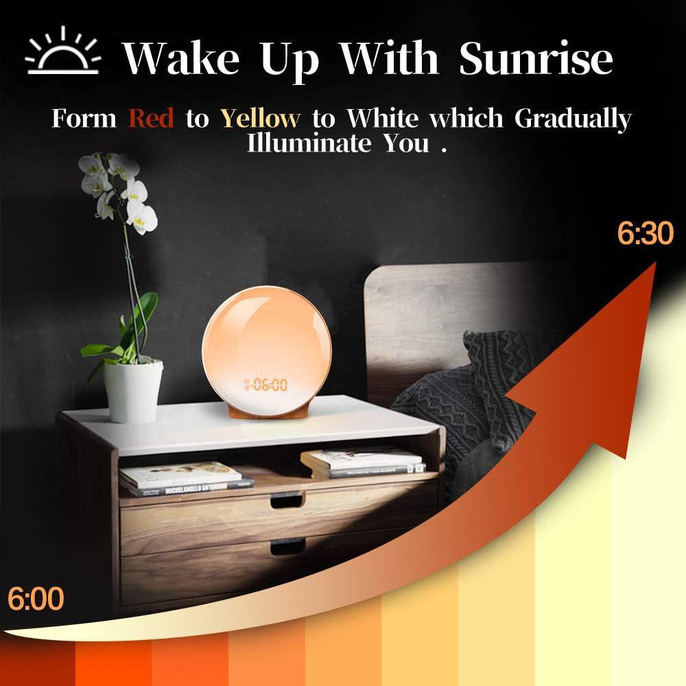 Wake-Up Light Alarm Clock with LED Sunrise/Sunset Simulation, FM Radio, and Colorful Night Lamp