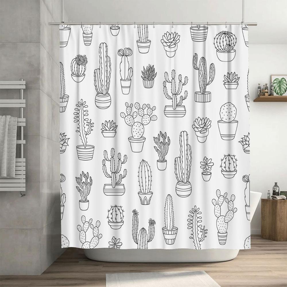 Minimalist Line Drawing Cactus Shower Curtain Modern Bathroom Decor For Home Kitchen Bathtub Waterproof Printing Fabric Customiz