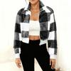 Veste courte à carreaux zippée pour femme, tendance, en peluche chaude et ample, décontractée, à manches longues