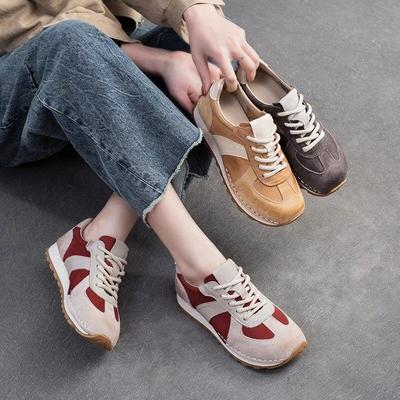 Echtleder-Sneaker, gemischte Farben, lässige Sportschuhe, runde Zehenpartie, vielseitige flache Damenschuhe
