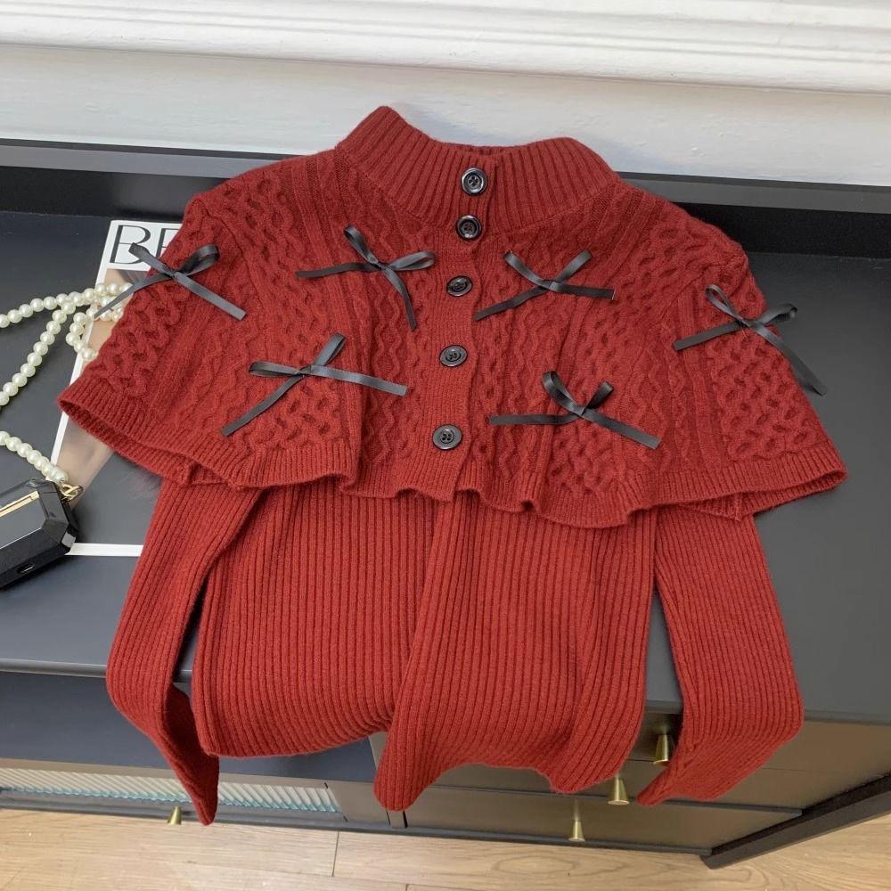 

Sweet & Spicy Red Knitted Sweater & Cloak Set for Women - High Neck, Long Sleeve, Winter 2025 Collection XL