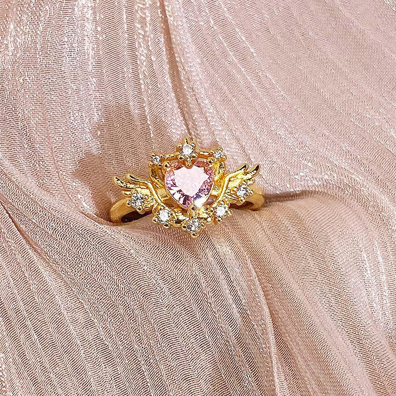 The Same Medieval Sweet Pink Zircon Super Flash Love Wing Ring Girl Heart Exquisite Niche Ring