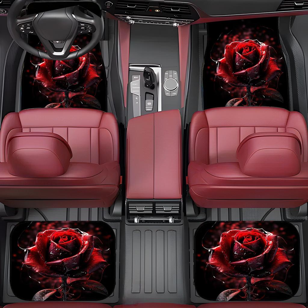 A Set of Four Universal Car Floor Mats Featuring a Rose Flower Design, Designed Both Front And Rear Seats of Any Vehicle