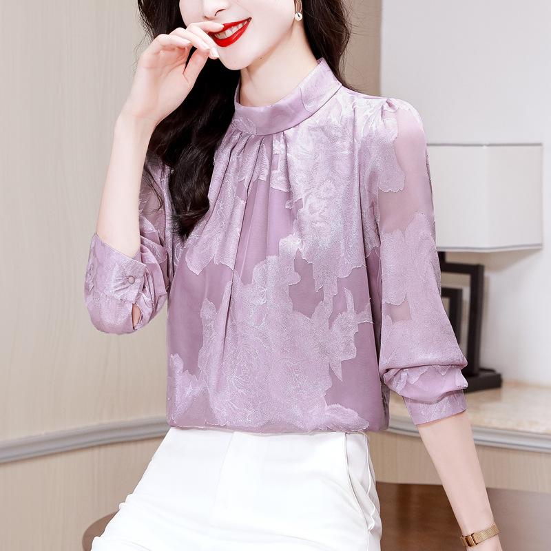 Stand-up Collar Jacquard Top Autumn New Loose Foreign-style Shirt Long-sleeved Women's Shirt