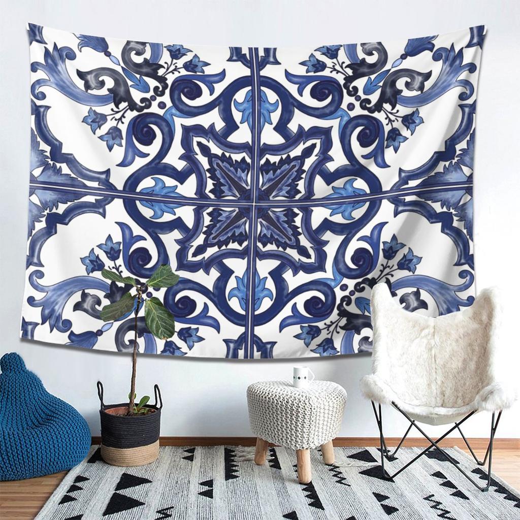 Blaues Verziertes Florales Mediterranes Sizilianisches Fliesen-Wandteppich-Dekor Kunst Ästhetische Wandteppiche für Schlafzimmer Zuhause Wandtuch Wandbehang