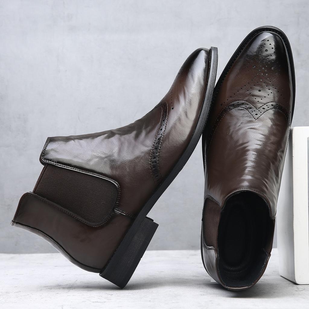British Brock Carved Leather Chelsea Boots Men's Trend Business Dress High Top Leather Boots Men's Martin Boots