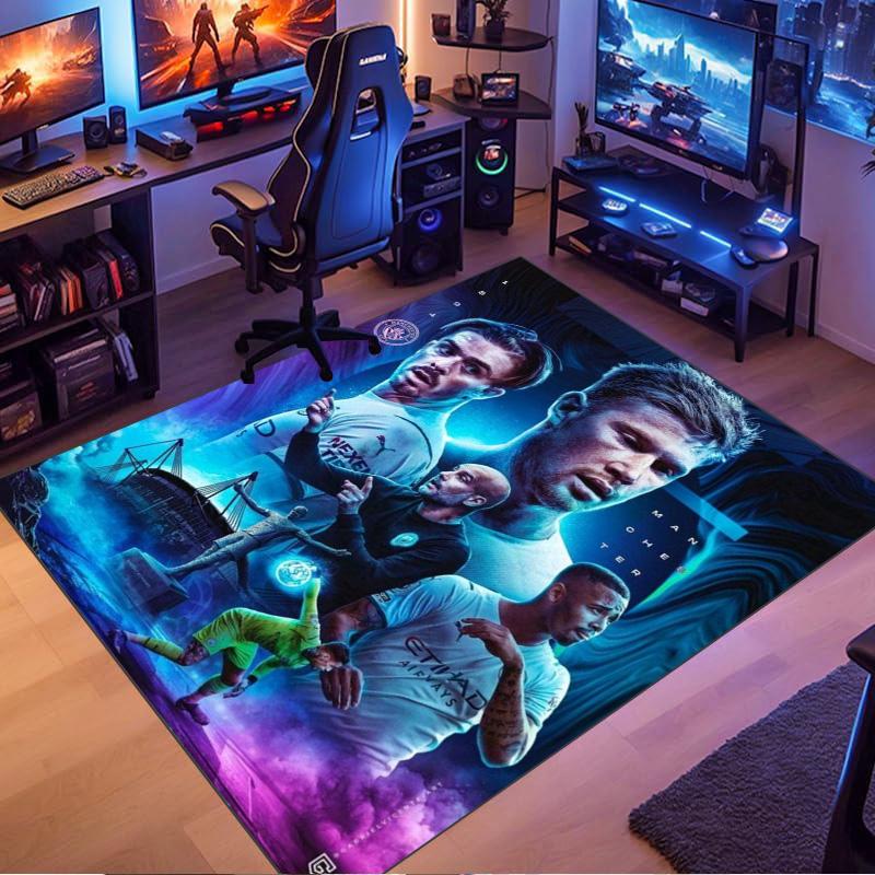 Man City Football Team Players Collage Print Area Rug Non‑Slip Rectangular Floor Mat Soccer Fan Gaming Room Home Decor