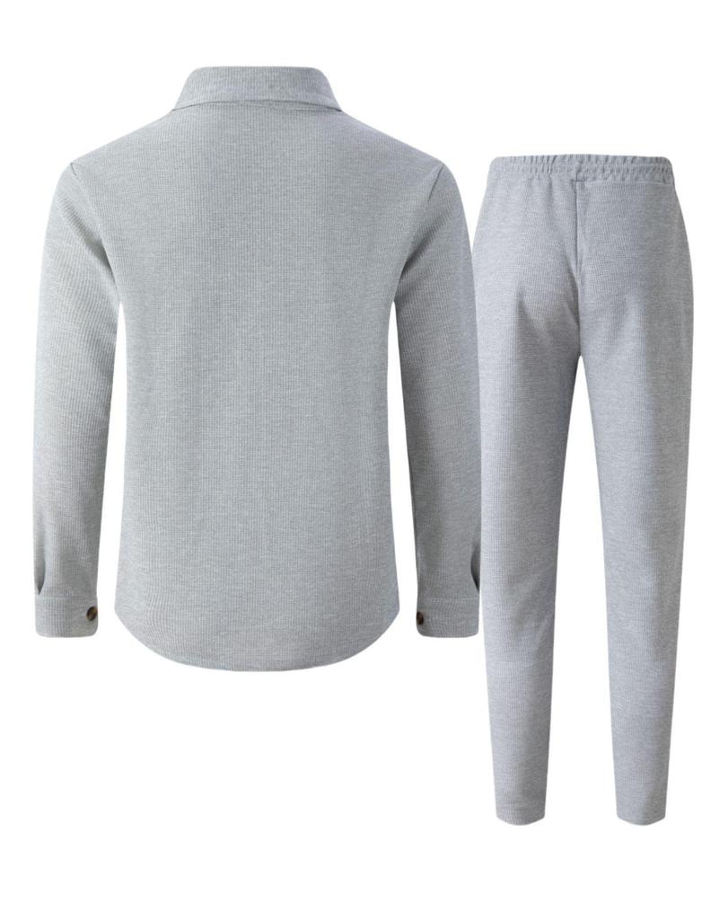 Autumn Waffle Two-Piece Set: Long Sleeve Cardigan & Pants with Double Pocket Design