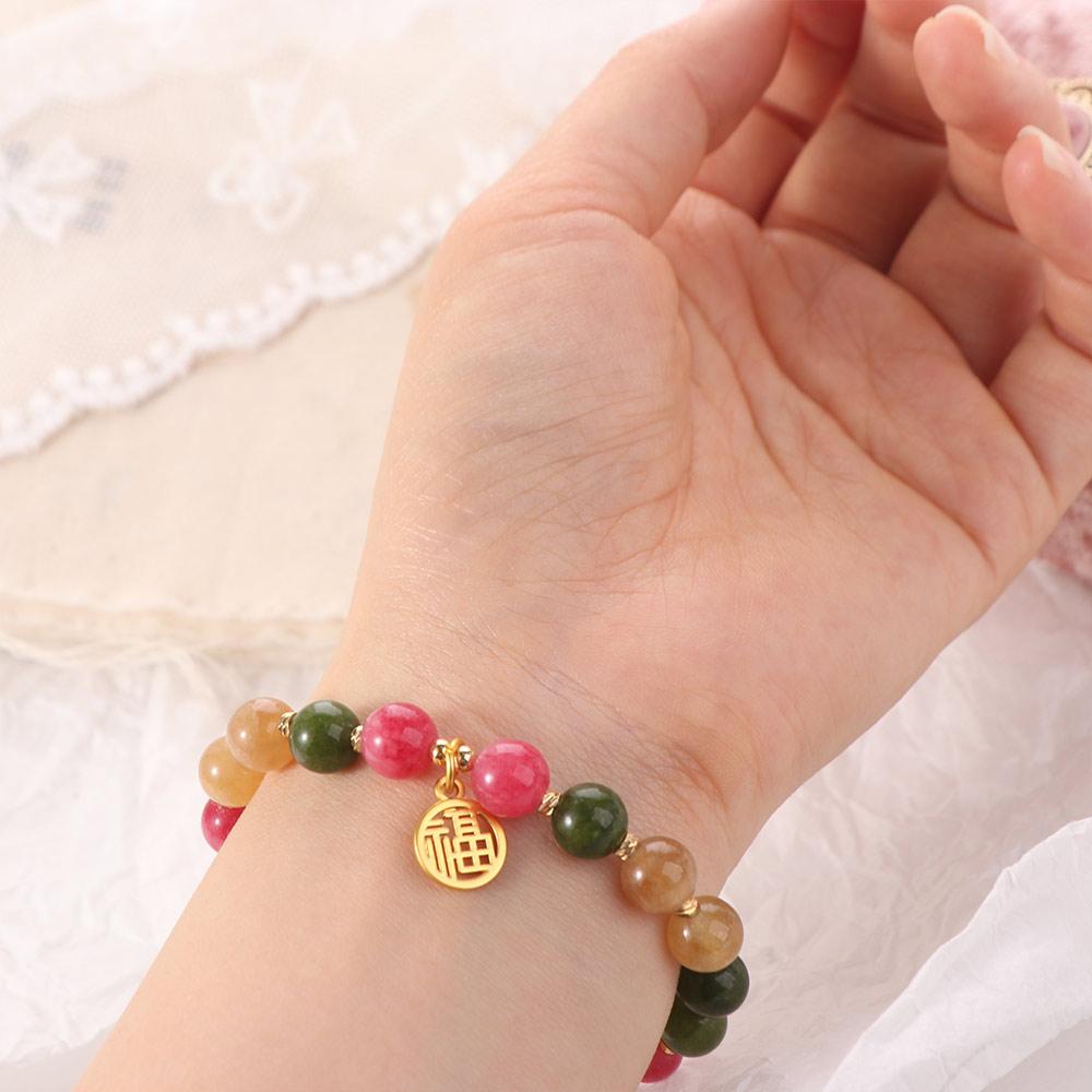 Colorful Stone Beads Bracelet Vintage Beaded Hand Bangle Light Luxury Bead String Bracelet Girls