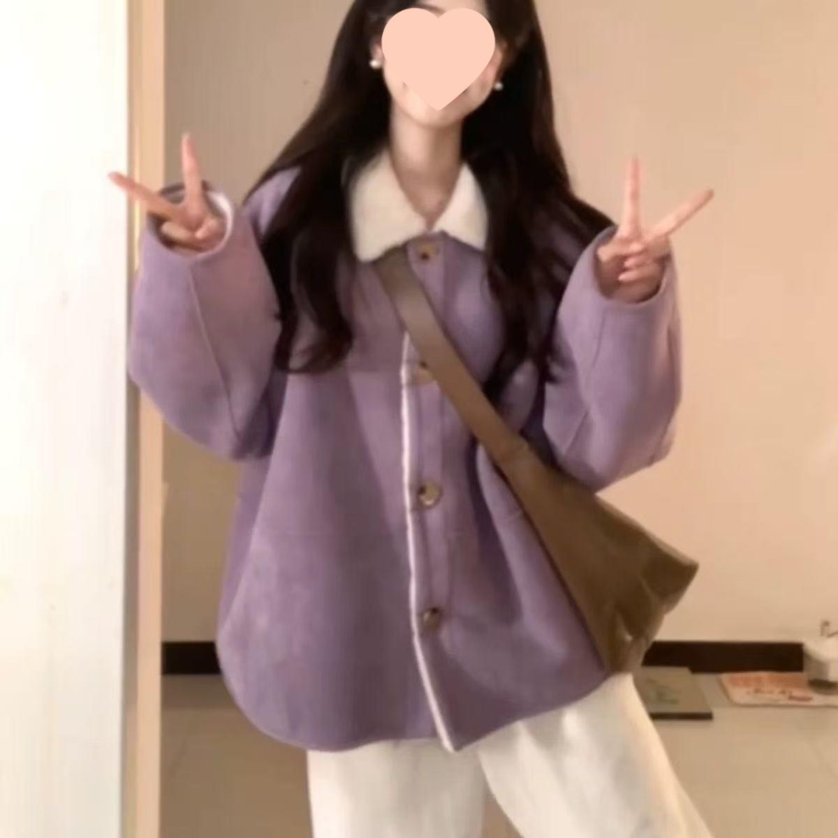 Новое фиолетовое зимнее пальто 2025 года с свободным лацканом, из бархата и искусственной овчины Medium