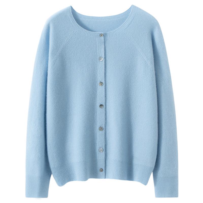 2026 Autumn/Winter Women's Pure Cashmere Round Neck Loose Knit Cardigan Sweater, Solid Color, Long Sleeve.