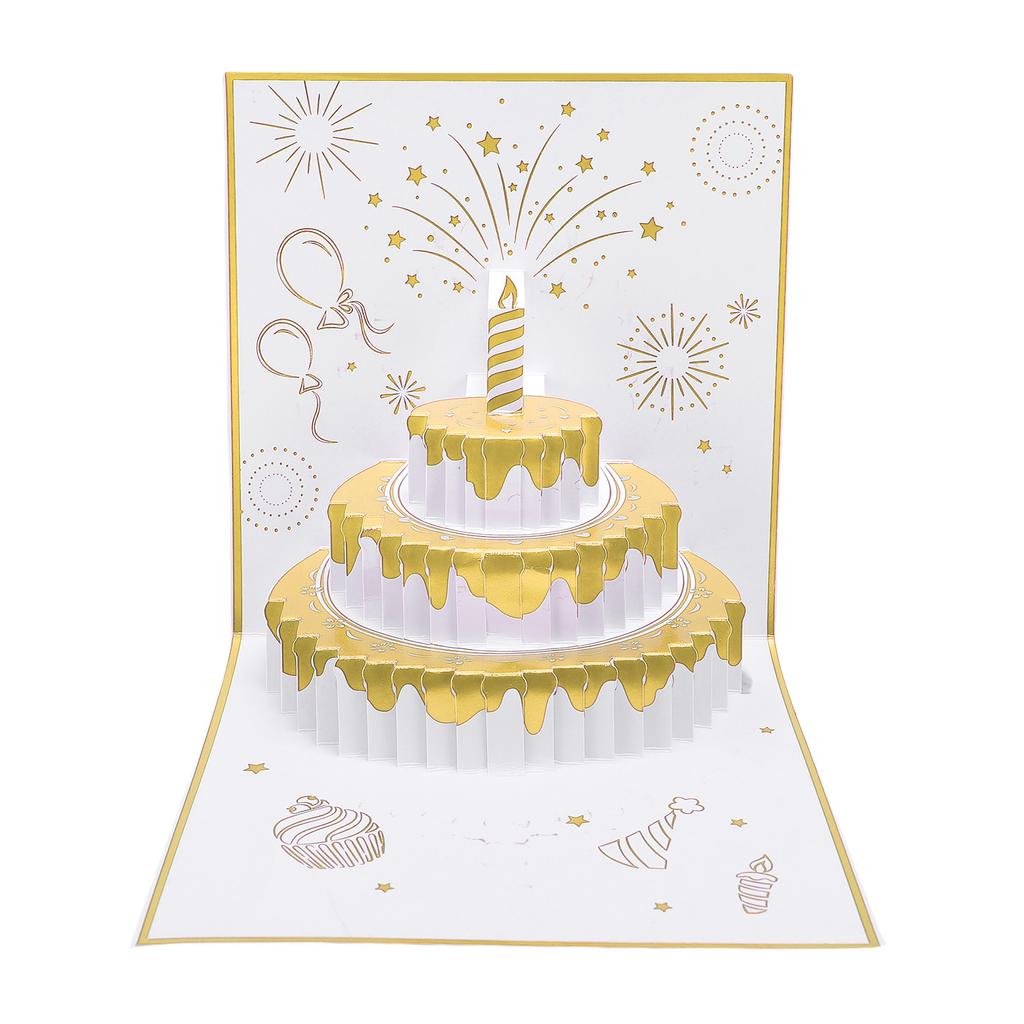 Birthday Card Cake Fireworks Stars Balloons 3D Birthday Greeting Card with Light Music Envelope for DIY Present Gold