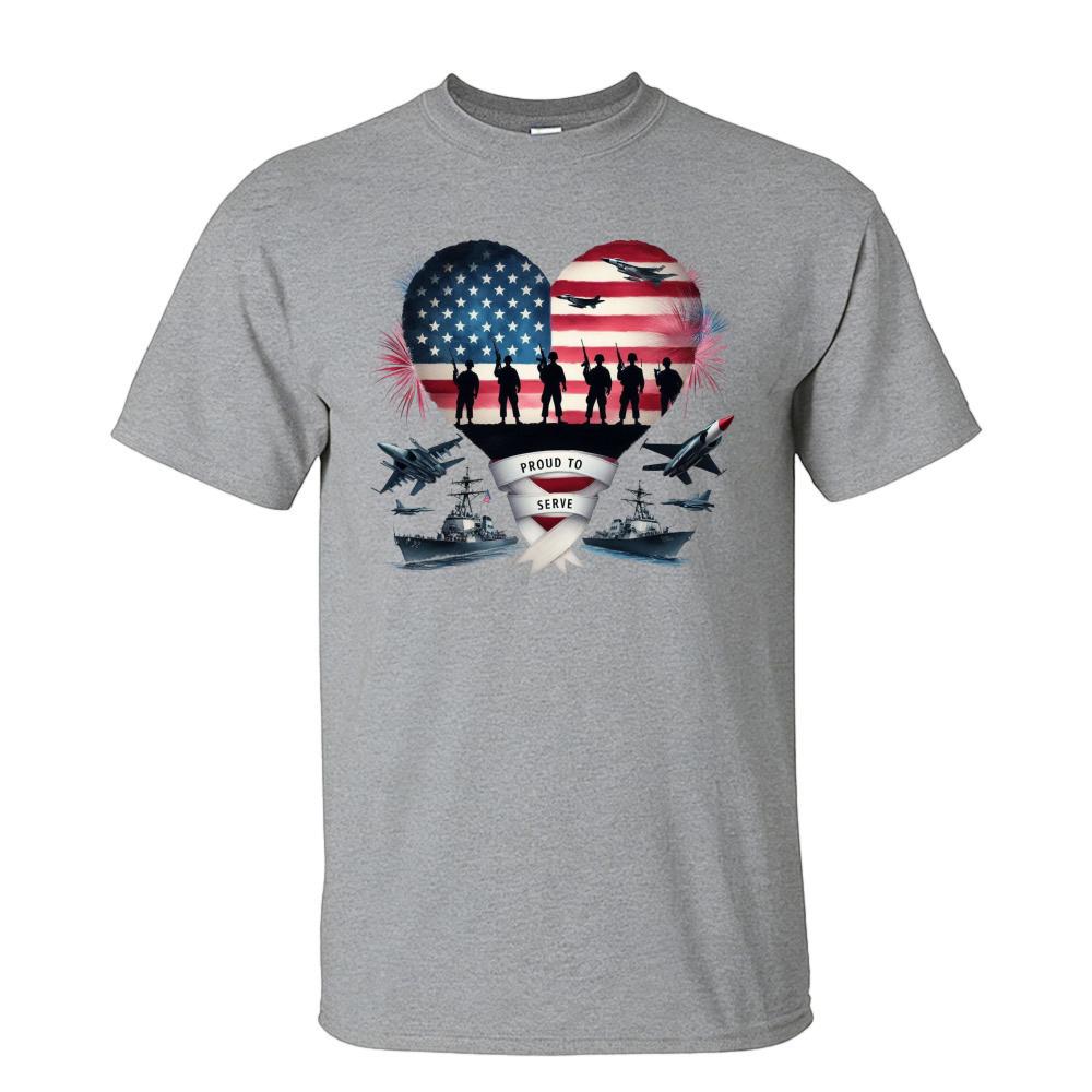 Proud To Serve Heart Flag Troop Silhouette Warship Jet Fighter Graphic Print Unisex Cotton T Shirt Patriot Military Casual Tops