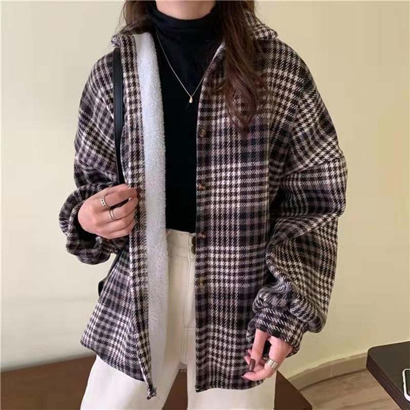 Coat Shirt for Women Thickened Casual Oversize Double Layer Plaid Loose Warm Jacket