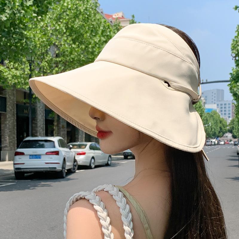 Sun hat summer girl cute bow sunscreen hat big brim cover face can tie ponytail empty top fisherman hat