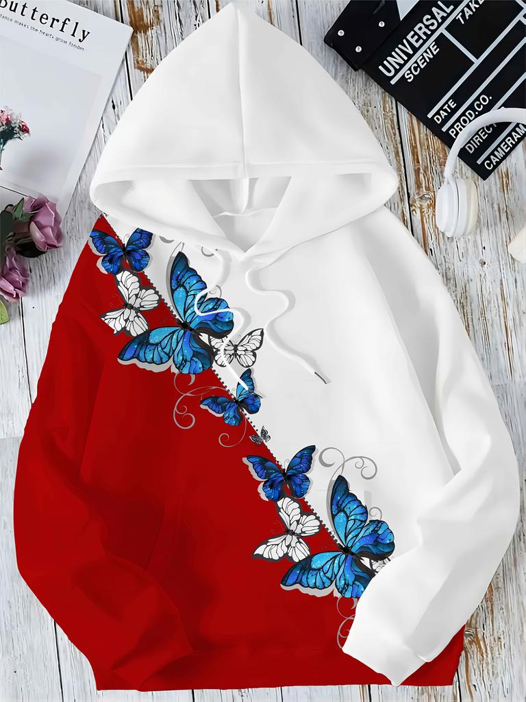 Black and White Two-color Splicing, Butterfly Print, Gentle Temperament Women's Hooded Spring and Autumn Sweatshirt