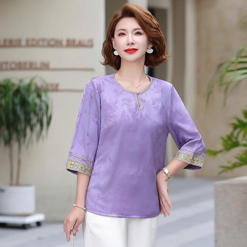 

Chic New Chinese Style Spring/Summer Shirt for Stylish Moms 4XL (130-145 lbs) фиолетовый
