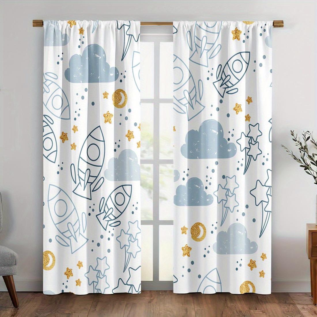 

Rocket Planet Print Curtains Polyester Fabric Suitable Bedroom Living Room Decoration Curtain Machine Washable Perfect For Great W100*H70(CM)-Grommet top&1PCS