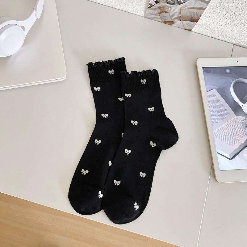 

Bamboo Fiber Socks Women S Spring And Summer Thin Wooden Ear Edge Lolita College Style Bow Girl Socks Black And White Socks One size fits all
