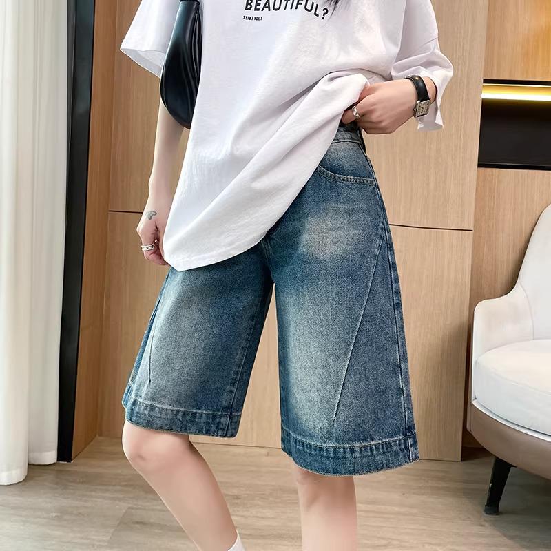 Patchwork 5-Point Denim Shorts, Women's High-Waisted Retro Loose Fit, Summer Thin Wide-Leg Mid-Length.
