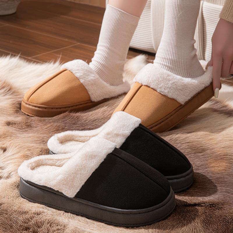 Casual thick-soled cotton slippers autumn and winter flanged plush hair drag couple indoor plush warm shoes