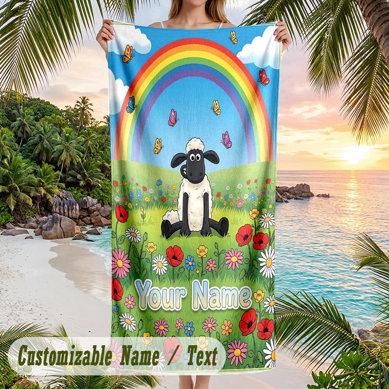 Shaun the Sheep Beach Towel, Personalized Custom Text, Quick Dry Soft Large Towel For Swimming Pool Travel