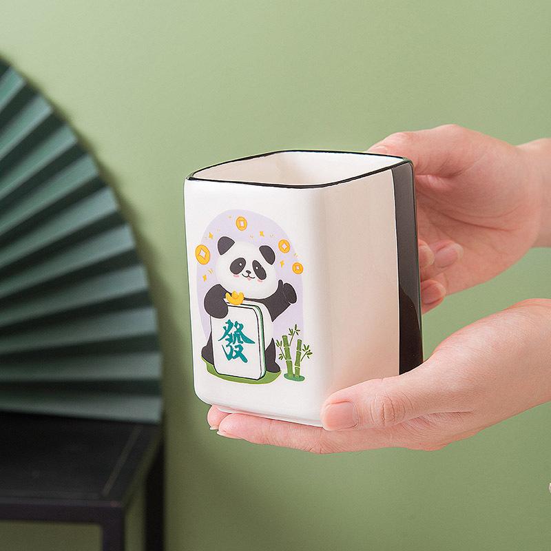 Creative Panda Mahjong Ceramic Cup Make a Fortune Good Luck Chess and Card Room Gift Coffee Cup Personalized Home Breakfast Milk Cup