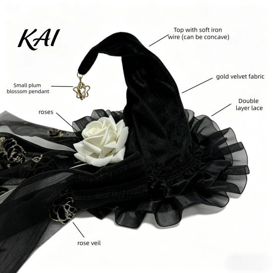 Cosplay Costume Supplies Halloween Witch Hat with Rose for Women, Gothic Vintage Mini Wizard Fancy Dress Accessories Headpiece Veil Costume,
