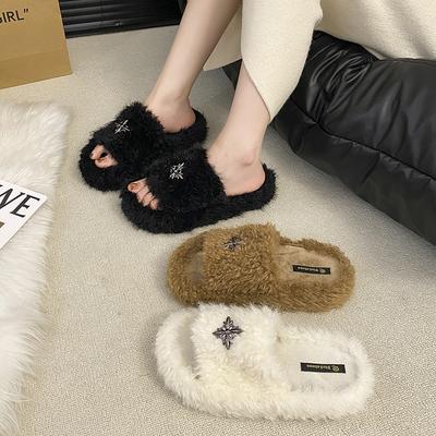 Thick-soled Fluffy Slippers Women's Outer Cotton Slippers 2025 New Autumn and Winter Super Fire Fashion Non-slip One-word Cotton Slippers
