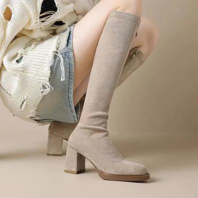 Women's Shoes 2024 High Quality Side Zip Women's Boots Winter Round Toe Suede Solid High Tube Chunky Heels Fashion Boots Zapatos
