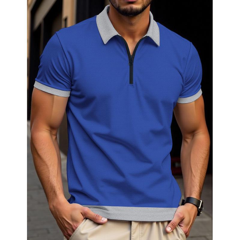 Men's Casual Spring/summer 2026 Polo Shirt with European and American Zipper, New Color Blocked Short Sleeved T-shirt Top