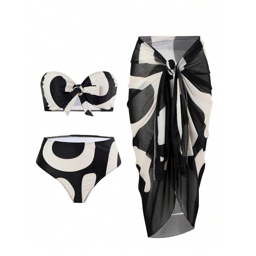 European & American Tropical Three-Piece Swimsuit: Sexy Bandeau Bikini with Long Cover-Up Skirt