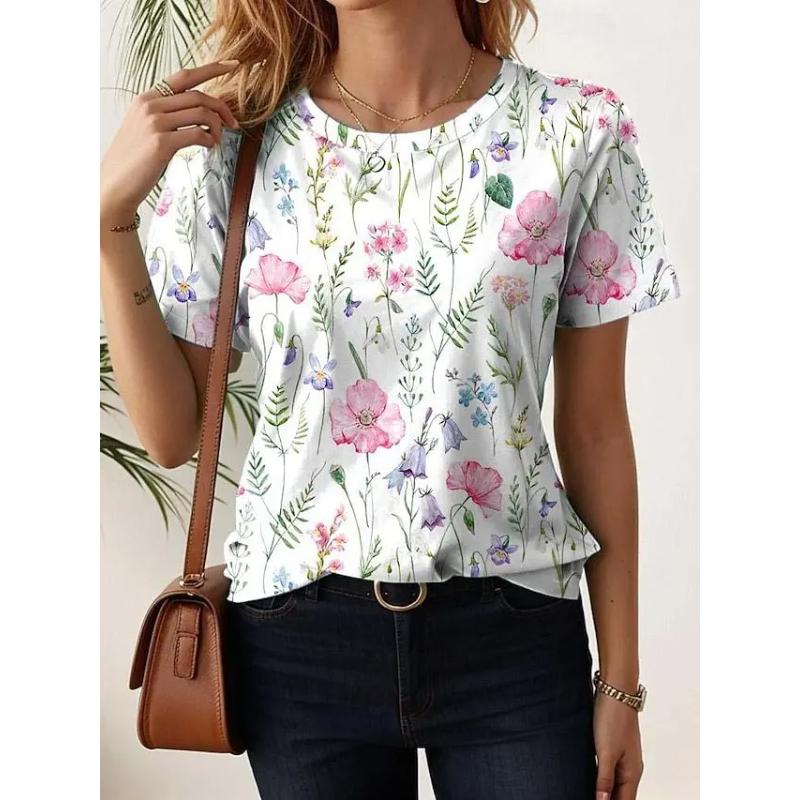 Flower Print Short Sleeve Fashion Versatile Top Comfortable T-Shirts Women’s