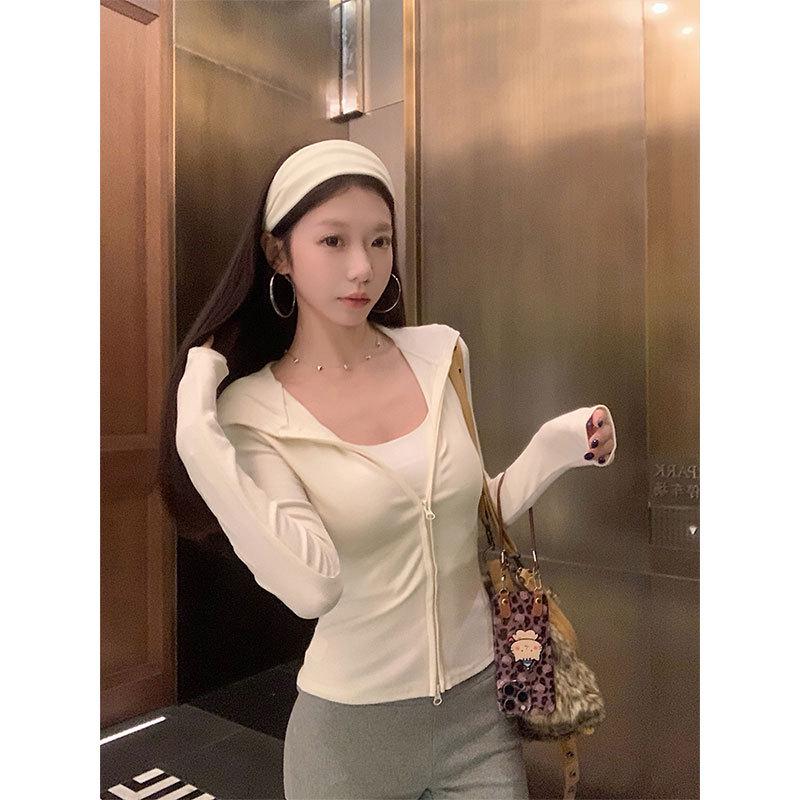 Korean Sweet & Spicy Women's Dark Blue Hooded Sweatshirt Jacket - Slim Fit, Double Zipper, Long Sleeve, Autumn Arrival