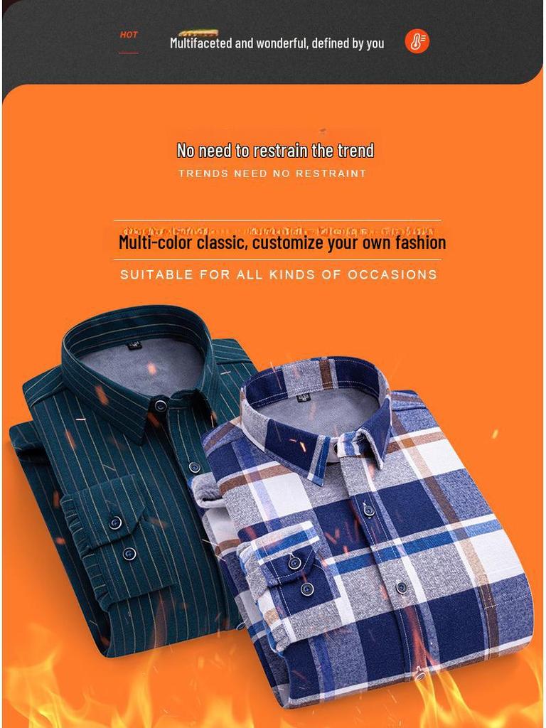 Men's Long Sleeve Cotton Plaid Shirt with Velvet Lining