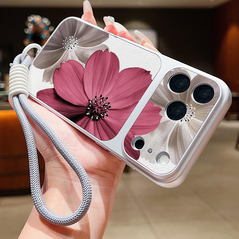 Floral Pattern Leather Lanyard Case For iPhone 18 Pro Max 17 16 15 14 13 Pro Max Luxury Hybrid TPU+PU Anti-skid Soft Phone Cover