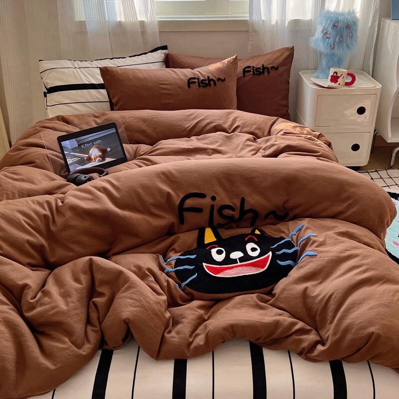 Cartoon Love Fish Washed Cotton Bedding Set