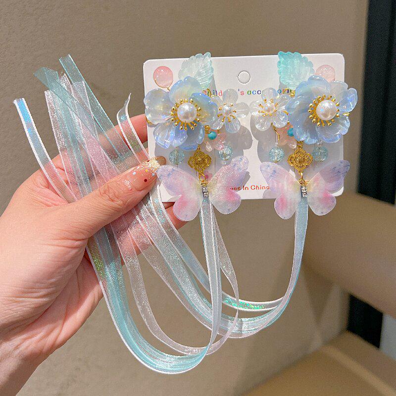 Princess Style Children's Hanfu Hair Clips - Ancient Chinese Tassel Ribbon Headdress for Girls
