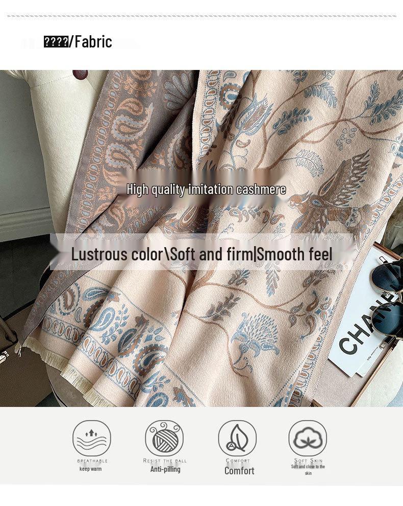Liu Yifei-Inspired Retro Bluebird Cashmere Scarf - Thick, Warm, Ethnic Style Women's Winter Neck Warmer