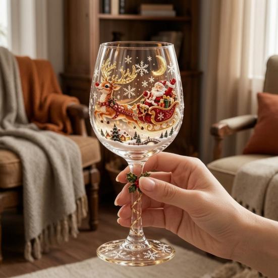 Klares Borosilikatglas Weihnachts-Stielweinglas, Schneemann/Weihnachtsmannkranz/Elch/Weihnachtsbaum Handbemalt, Einzigartige Austauschgeschenke Kreatives Stielglas