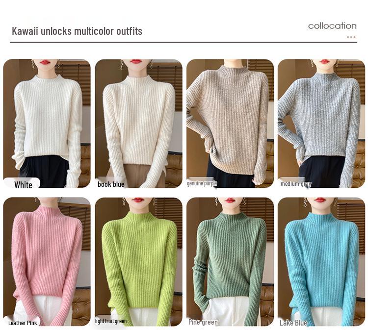 Women's Cashmere Striped Slimming Knit Sweater - Half-High Neck Autumn/Winter Base Layer