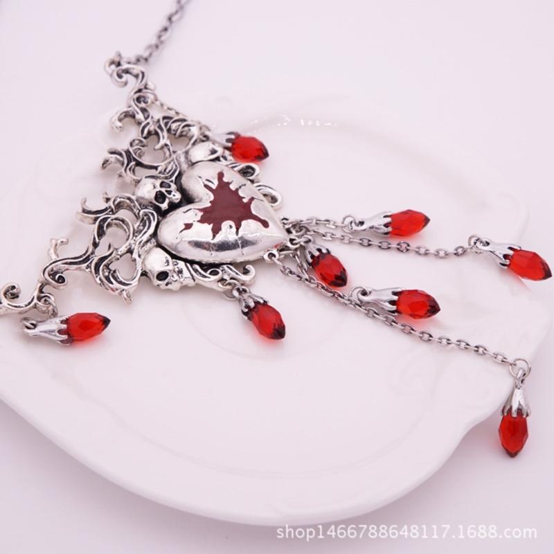 1 Set Niche Design Sense Red Dripping Diamonds Necklace Love Heart Earrings Halloween Christmas Fashion Retro Earrings