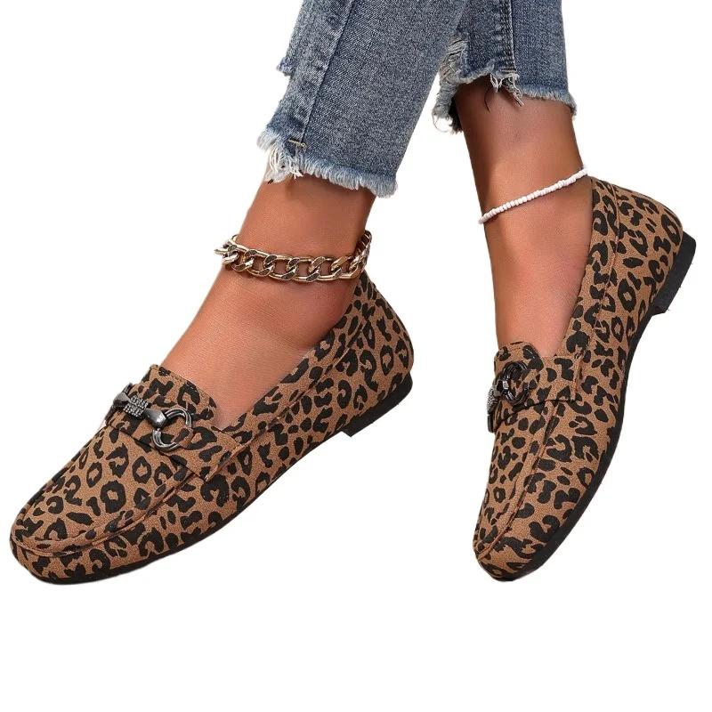 2025 Ladies Shoes Loafers Women's Flats Outdoor Casual Flats Women Metal Decoration Round Toe Leopard Plus Size Shoes Women