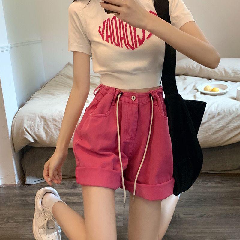 

Розово-красные джинсовые шорты женские летние свободные широкие брюки с завязками на талии длиной пять четвертей 2XL розы красного