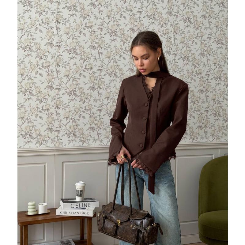 Elegant Lace V Neck Waist Cinched Slim Fit Women Blazer Outerwear