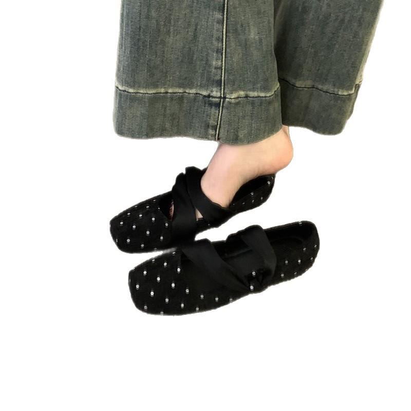Inner height increase! Korean retro polka dot square head Mary Jane shoes light mouth single shoes ballet shoes early autumn French women's shoes