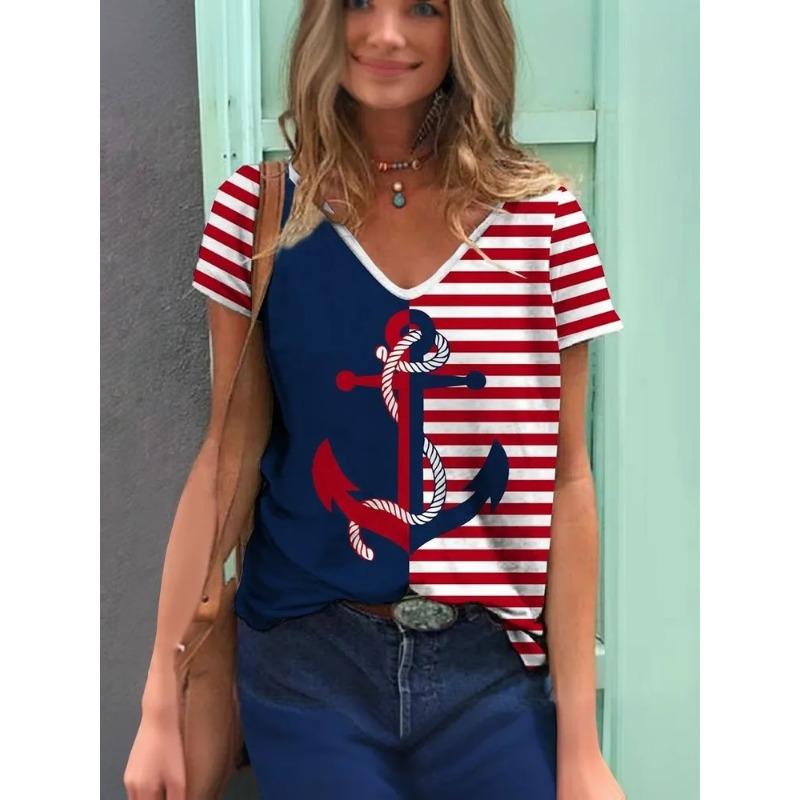 Stripe Graphic 3D T Shirt Women Summer V-Neck Short Sleeve Tops Holiday Casual Tees Woman Streetwear Oversized T-shirt
